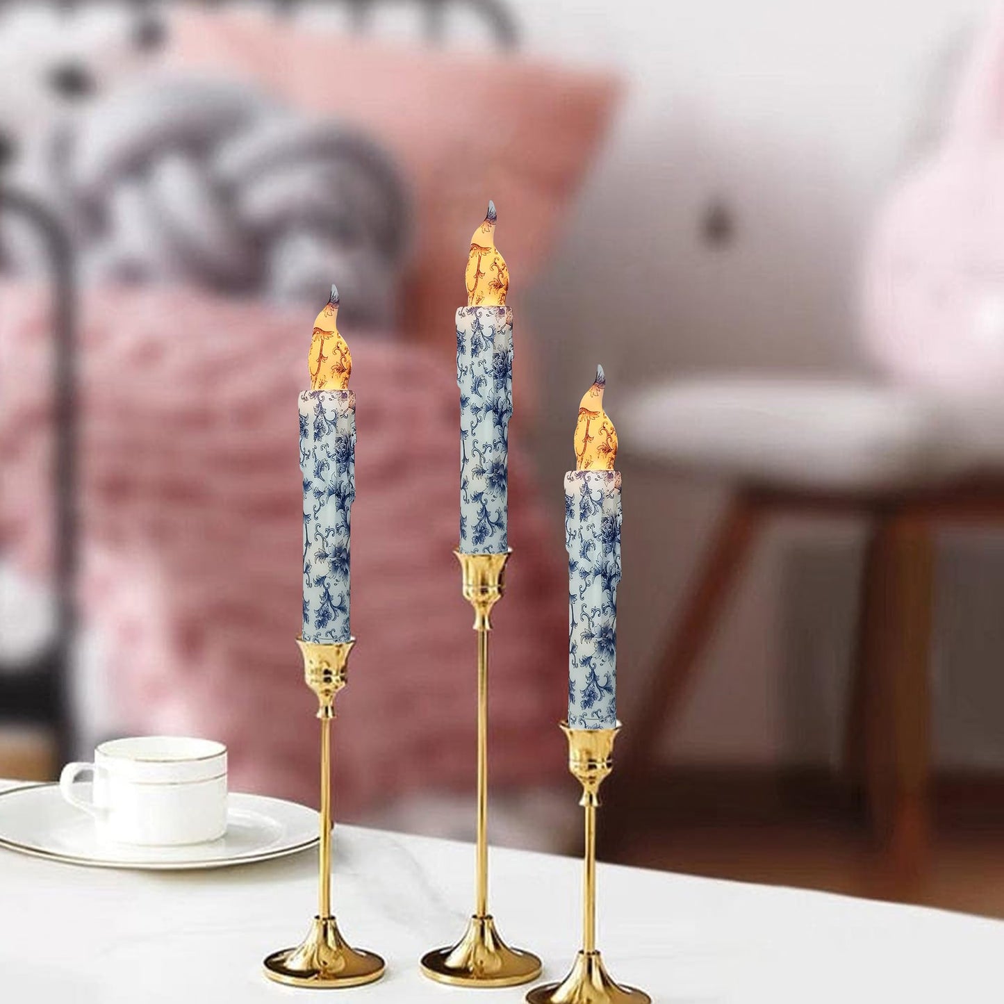 FCMSHAMD Blue and White Porcelain Flameless Short Taper Candles, Drip LED Battery Operated with Remote, Flickering Flame Lights for Home Décor, 6.7 Inch Primitive Flameless Print Candles, 4PCS