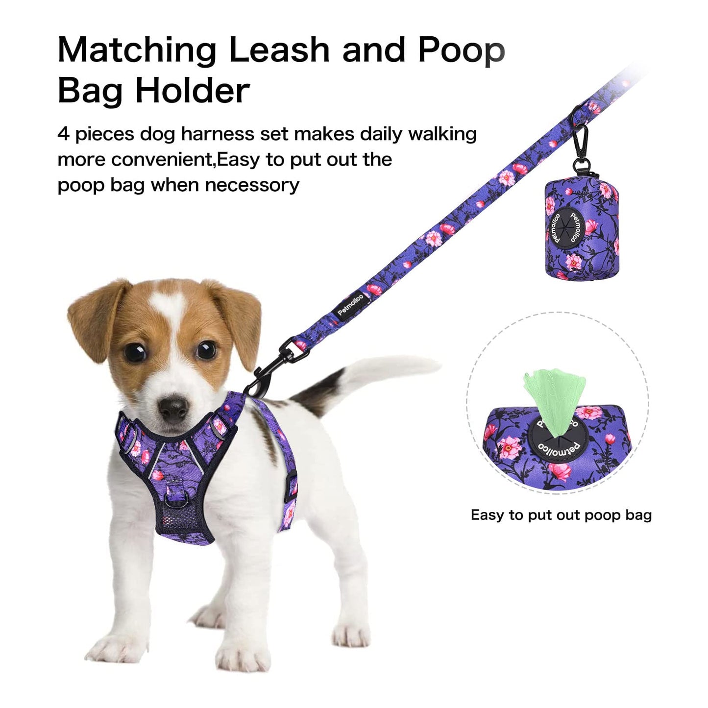 Petmolico No Pull Dog Harness Set with Leash Attachment Easy Control Handle Reflective Harness Vest Small Breed, Puppy Vest and Leash Set with Poop Bag Holder, XS - Purple Peach