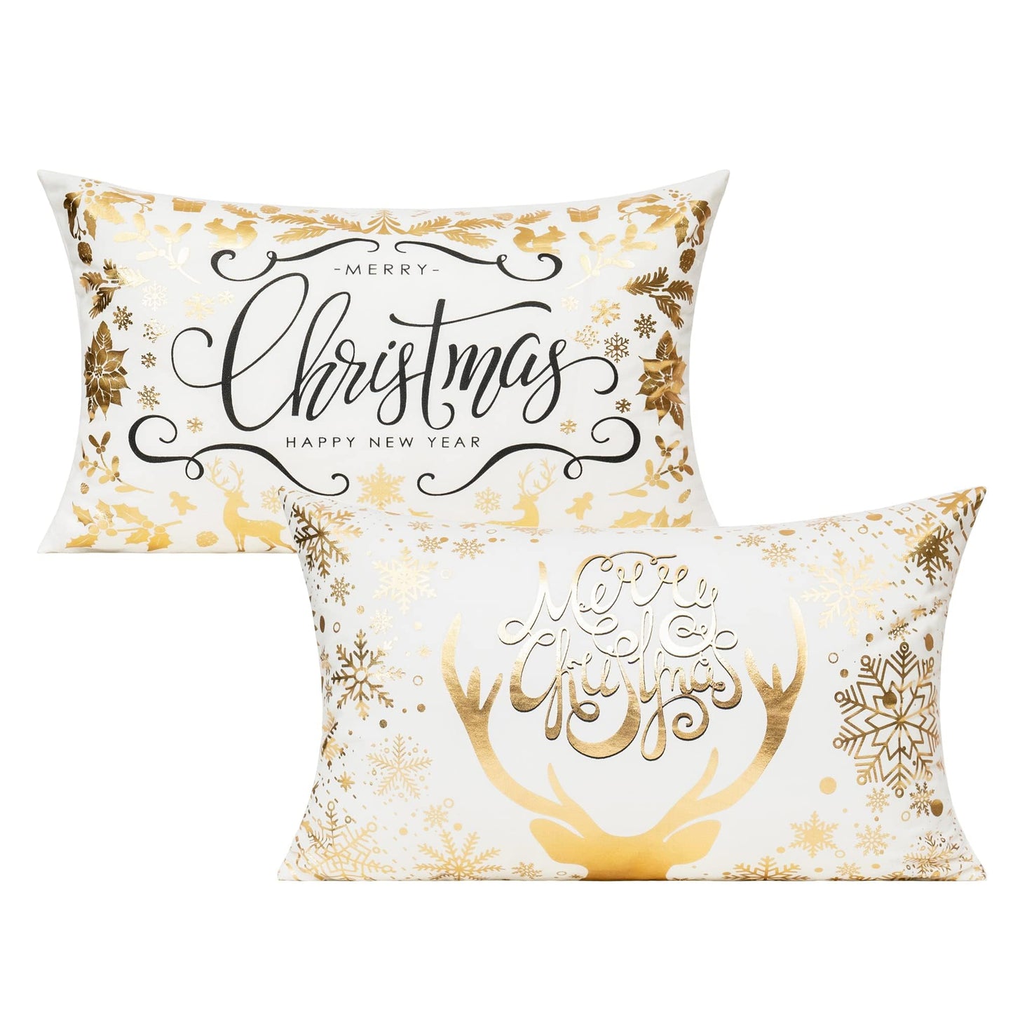 Christmas White Gold Lumbar Throw Pillow Covers 12X20 Set of 2 Winter Xmas Outdoor Navidad Decorations Reindeer Tree Home Holiday Décor Ornaments Velvet Cushion for Bed Room Sofa Couch Livingroom