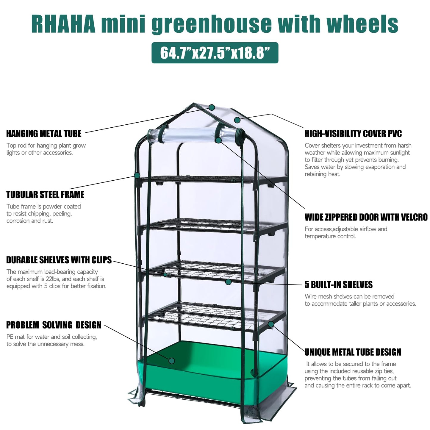 5 Tier Mini Greenhouse with Wheels for Indoor Outdoor, Portable Green House with PVC Cover and Shelves for Seedling, Greenhouse with Waterproof Mat and Cover Tape, Gardening Gifts for Women Men