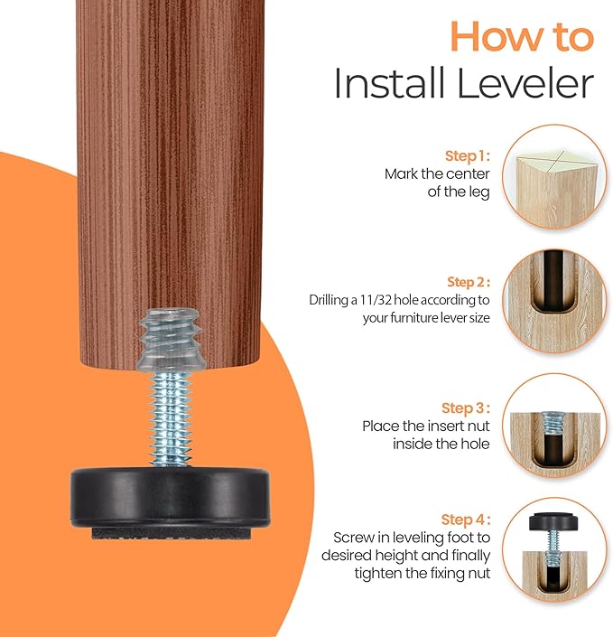 M6 Adjustable Furniture Leveler, 12 Pack Rubber Leveling Feet Screws in Threaded