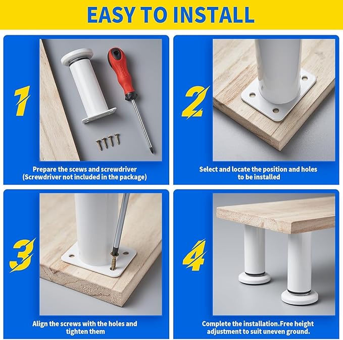 6 Pcs Adjustable Height Furniture Support Legs 3.15-4.72 inch, Metal Heavy Duty