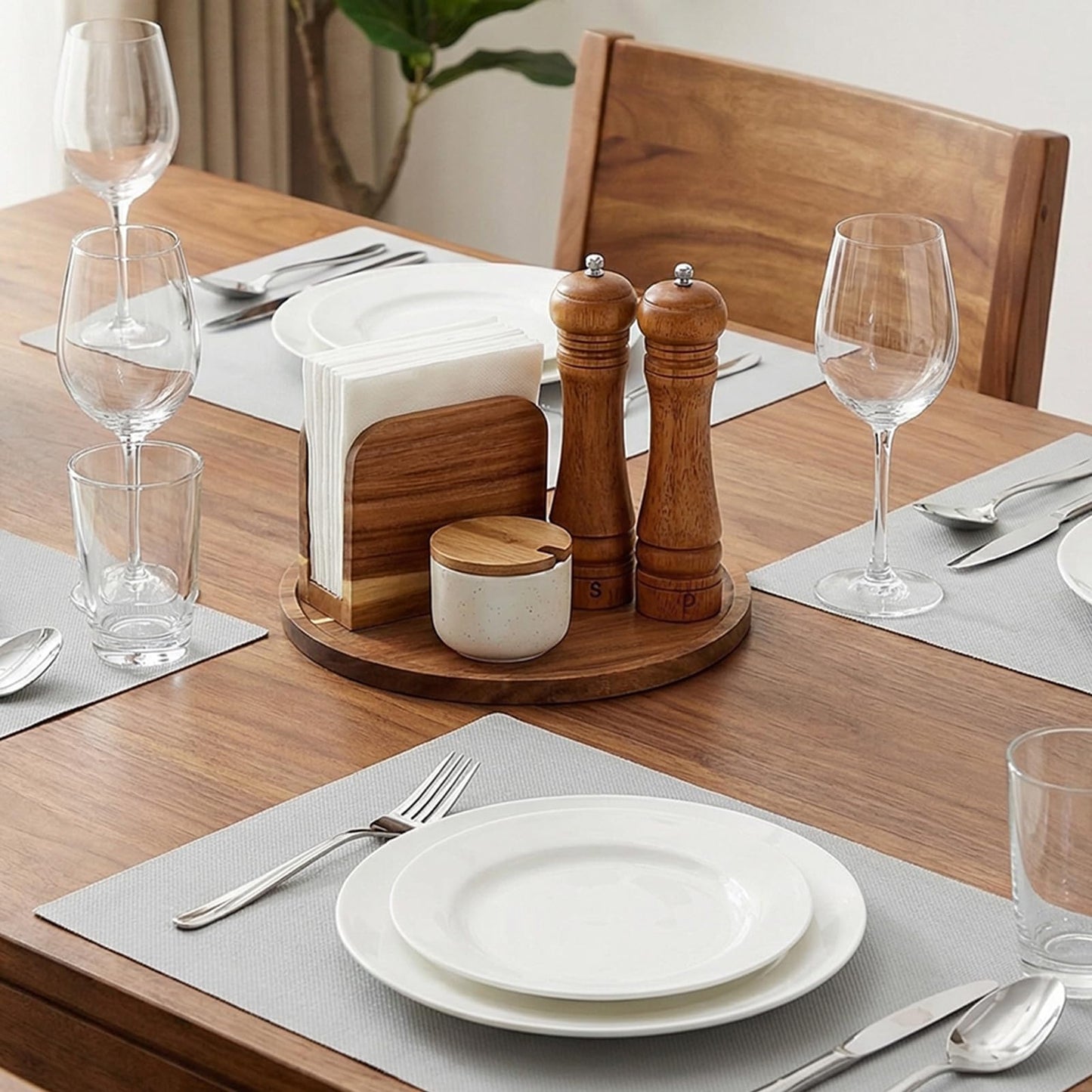 4 Pcs Rustic Farmhouse Decor Set Acacia Wooden Napkin Holder Salt and Pepper Shakers and 12" Round Wood Tray Spice Rack Table Tray for Kitchen Countertop Dining Table Centerpieces(Brown)