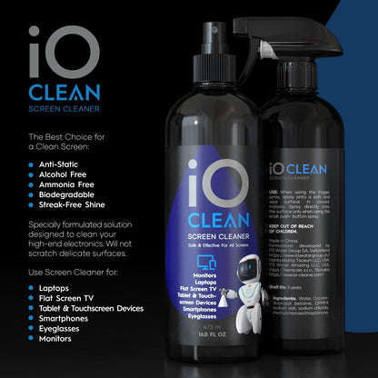 iO Clean Screen Cleaner Spray (16oz - 473ml) Best Large Cleaning Kit for LCD LED OLED TV, Smartphone, iPad, Laptop, Touchscreen, Computer Monitor, Other Electronic Devices, Microfiber Cloth Wipes