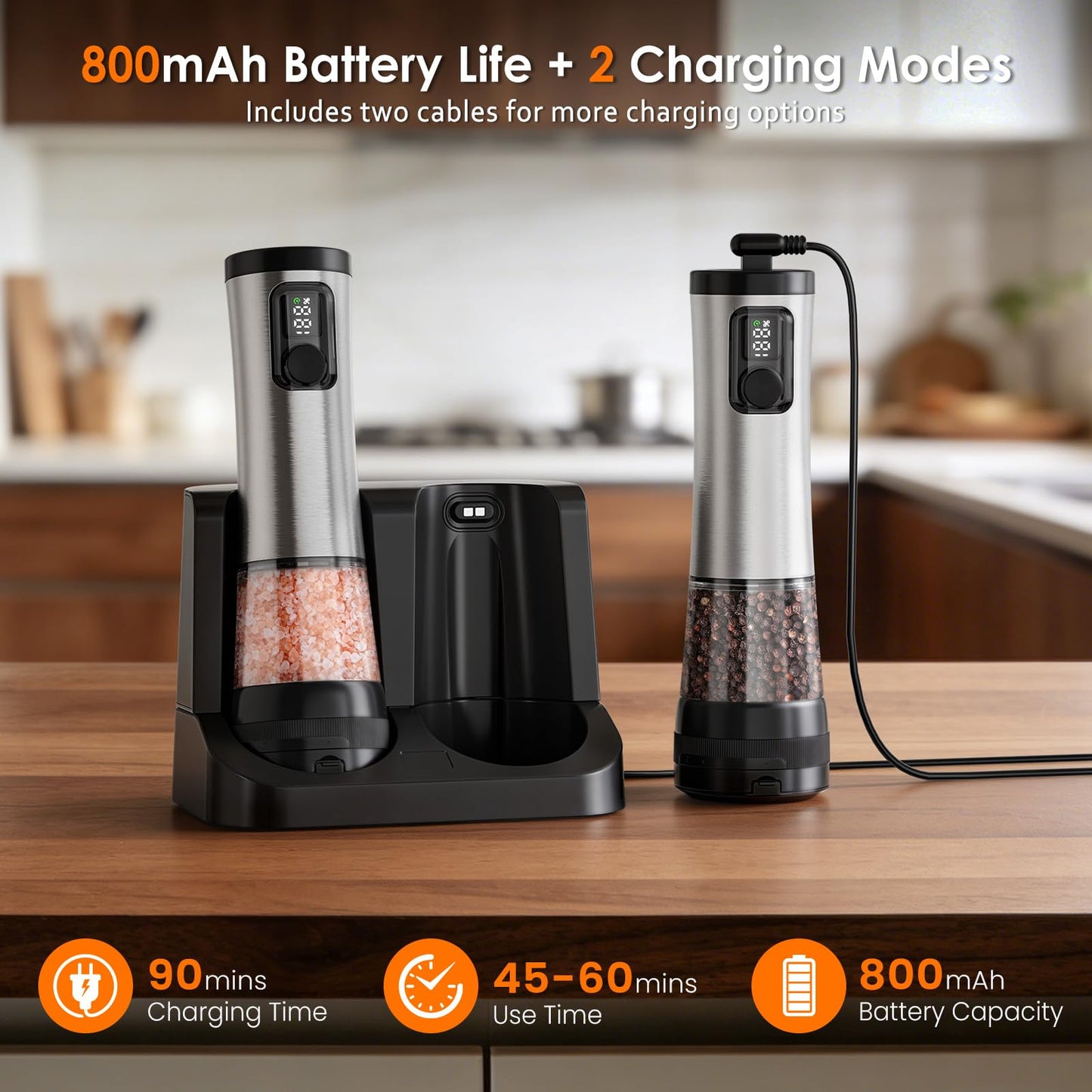 Rechargeable Electric Salt and Pepper Grinder Set with LED Light, 5-Level Adjustable Coarseness, 2-Speed Automatic Mills, 2 x 100ml Large Capacity, Black