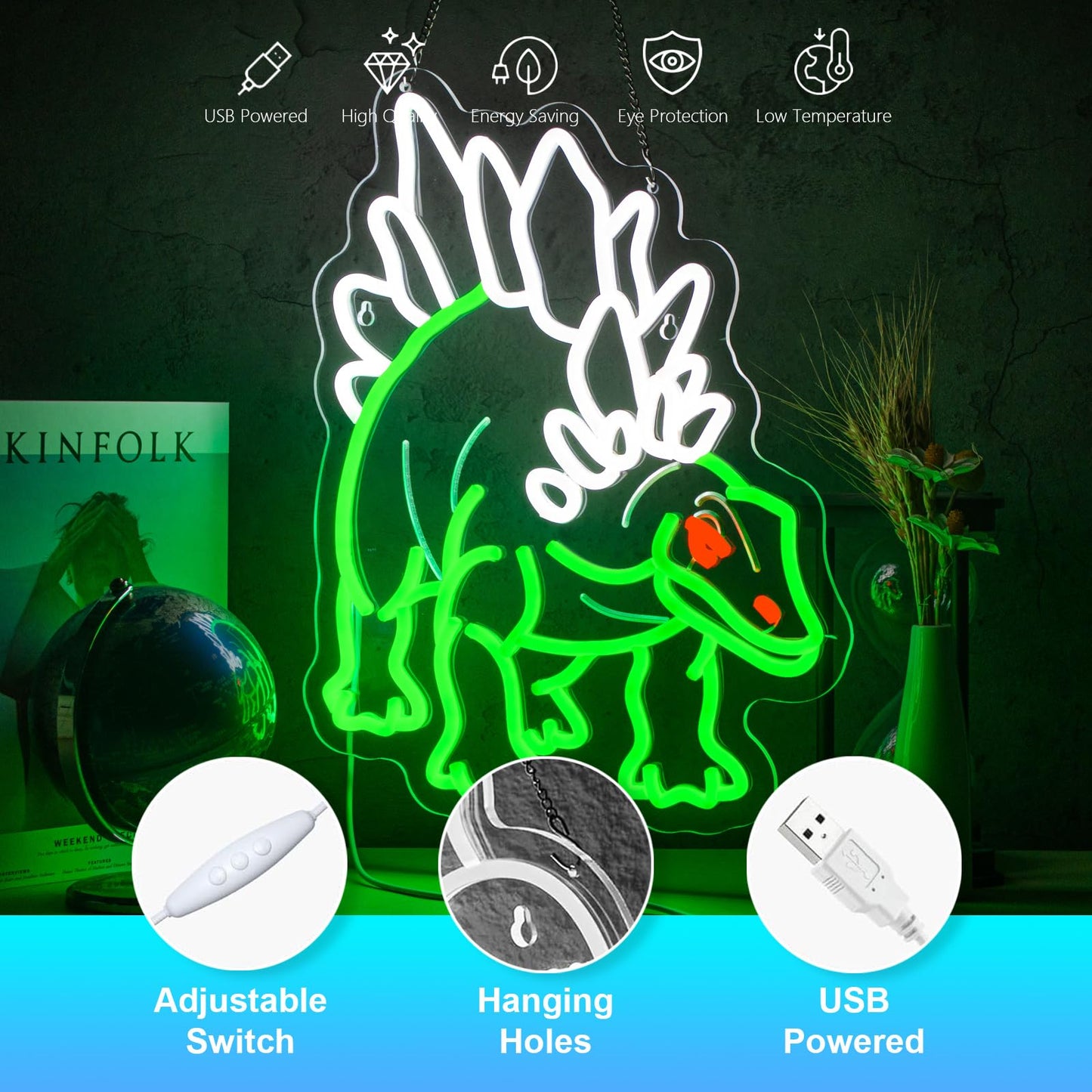 Dinosaur Neon Sign Stegosaurus Neon Sign for Wall Decor Dino USB Dimmable Neon Light Sign for Boys Girls Room Gameroom Holiday Birthday Christmas Gift