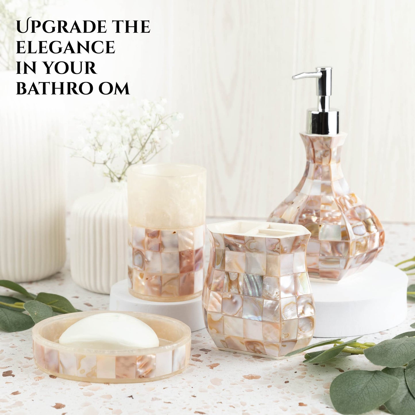 Milano Bathroom Toothbrush Holder - Decorative Bathroom Toothbrush Organizer Finished in Beautiful Mother of Pearl, 3 Slot Toothbrush Holder for Bathroom Fits Multiple Brushes