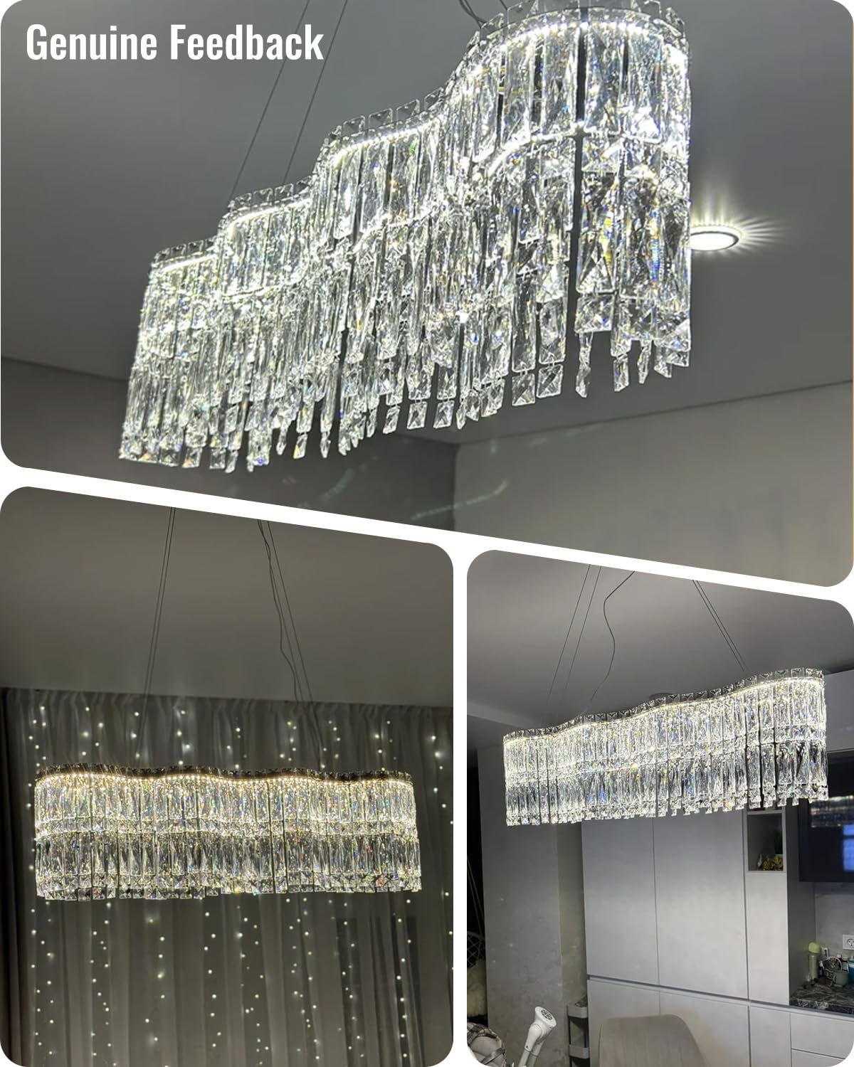 Dfxinyuan Modern Rectangle Crystal Chandeliers for Dining Room 31.4″ Linear Glass Chandelier Pendant Light Fixture for Kitchen Island Living Room, L31.4″×W13.7″×H8.6″