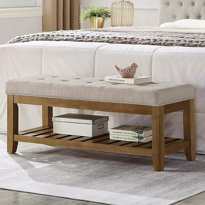 24KF Large Rectangular Upholstered Tufted Linen Fabric Ottoman Bench, Padded