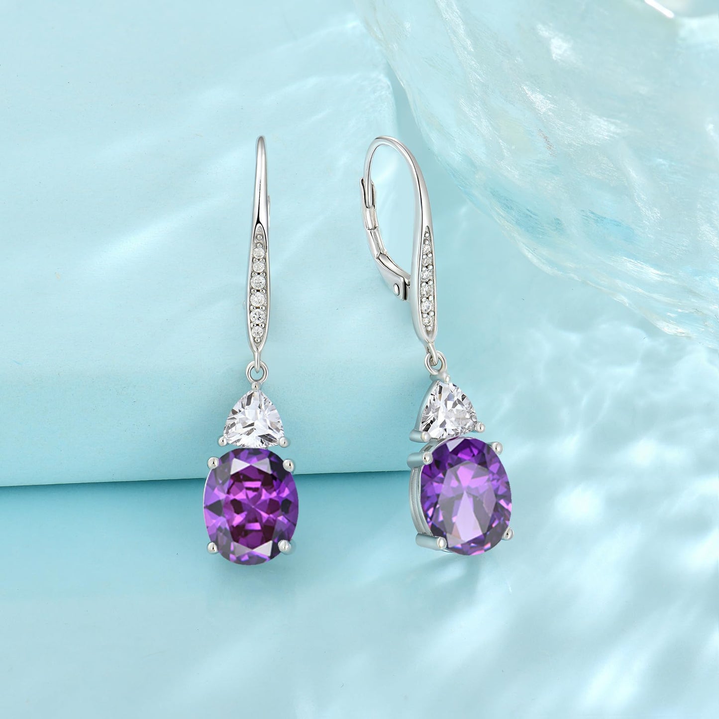 Rocayi Oval Amethyst Earrings for Women 925 Sterling Silver Dangle Drop Leverback Earrings February Birthstone Jewelry for Her