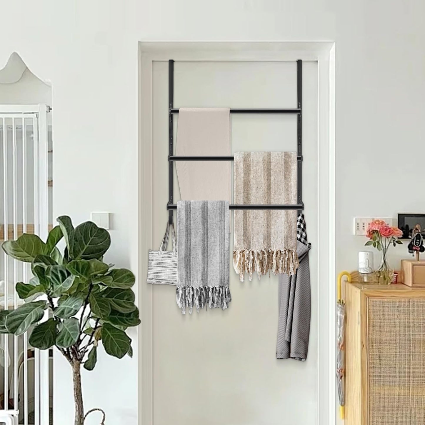 Livabber 3-Tier Over The Door Towel Rack, All Metal Towel Rack with Hooks for Door Hanging, Behind Door Towel Bar Towel Storage Holder for Bathroom Accessories, Black (19.37" L x 5.9" W x 24.4" H)