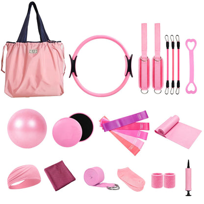 24Pcs Pilates Equipment Home Pilates Kit with 12" Pilates Ring, Yoga Ball, 5 Resistance Bands, Ankle Strap Bands, Gliding Discs, Toning Bar, Stretch Strap, Socks, Workout Set for Full Body Training