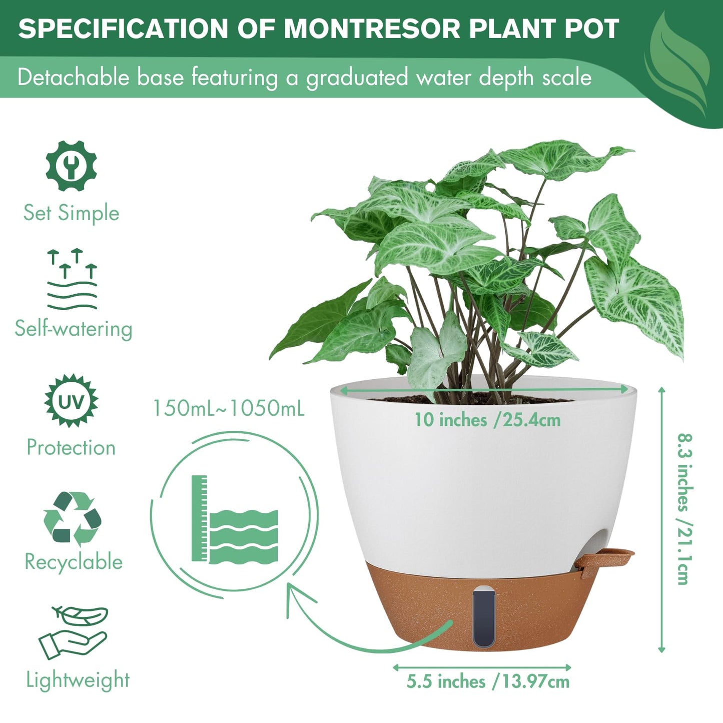 montresor 2 Pack 10 inch Plant Pots, PP Plastic Self Watering Plant Pot with Drainage and Tray for Indoor Outdoor Plants, Water Level Window & Reservoir Flower Pots Decorative Planter (White)