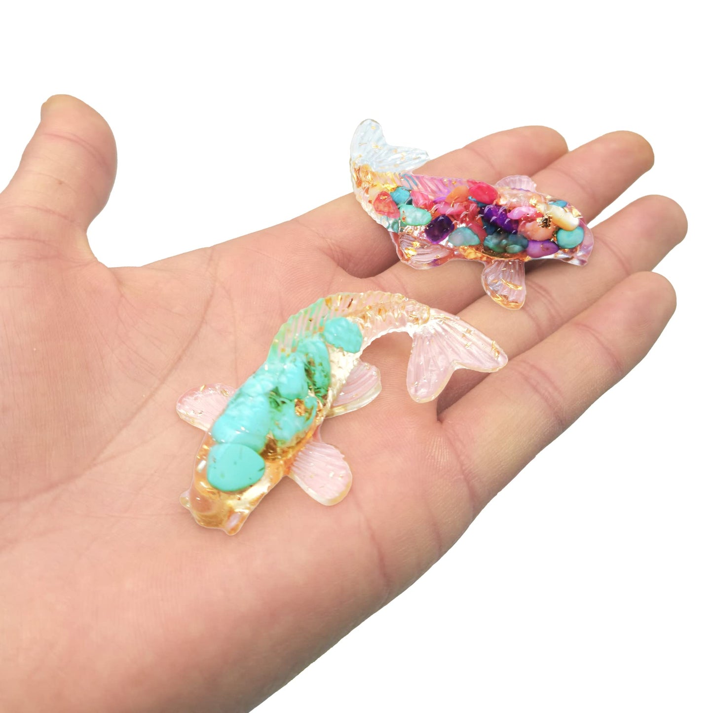 DIYOMR Set of 6 Crystals Fish Hand-dripped Resin Fused with Colorful Crystal Rocks Stones Fake Gold Coins,Blessed Carp Bring Luck Wealth,DIY Home Wall Desk Decor