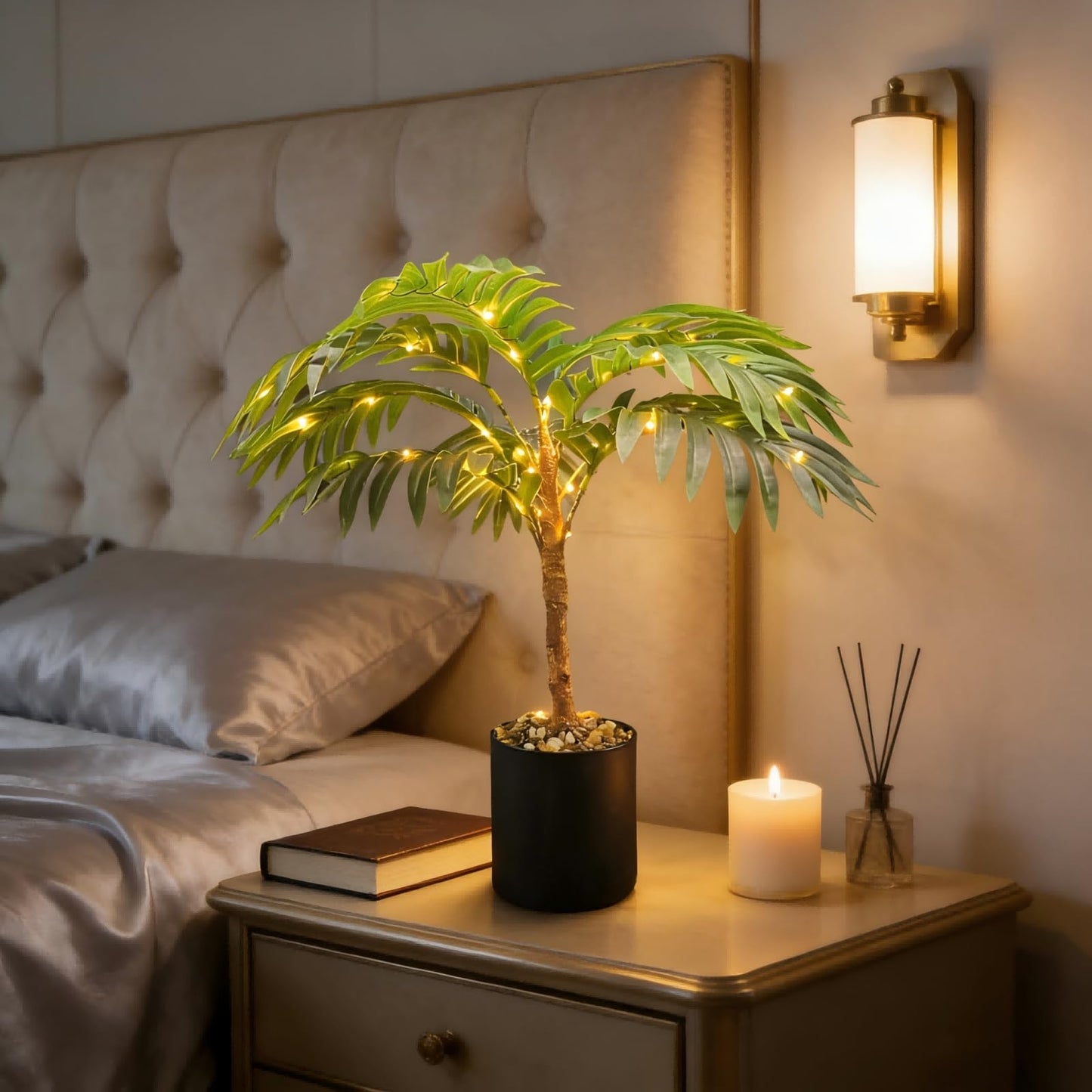 IJG 20'' Lighted Palm Tree Faux Plant with LED Lights - USB & Battery Box Powered - Artificial Palm Tree for Living Room, Home Decor, Indoor Decoration (Palm Leaf)