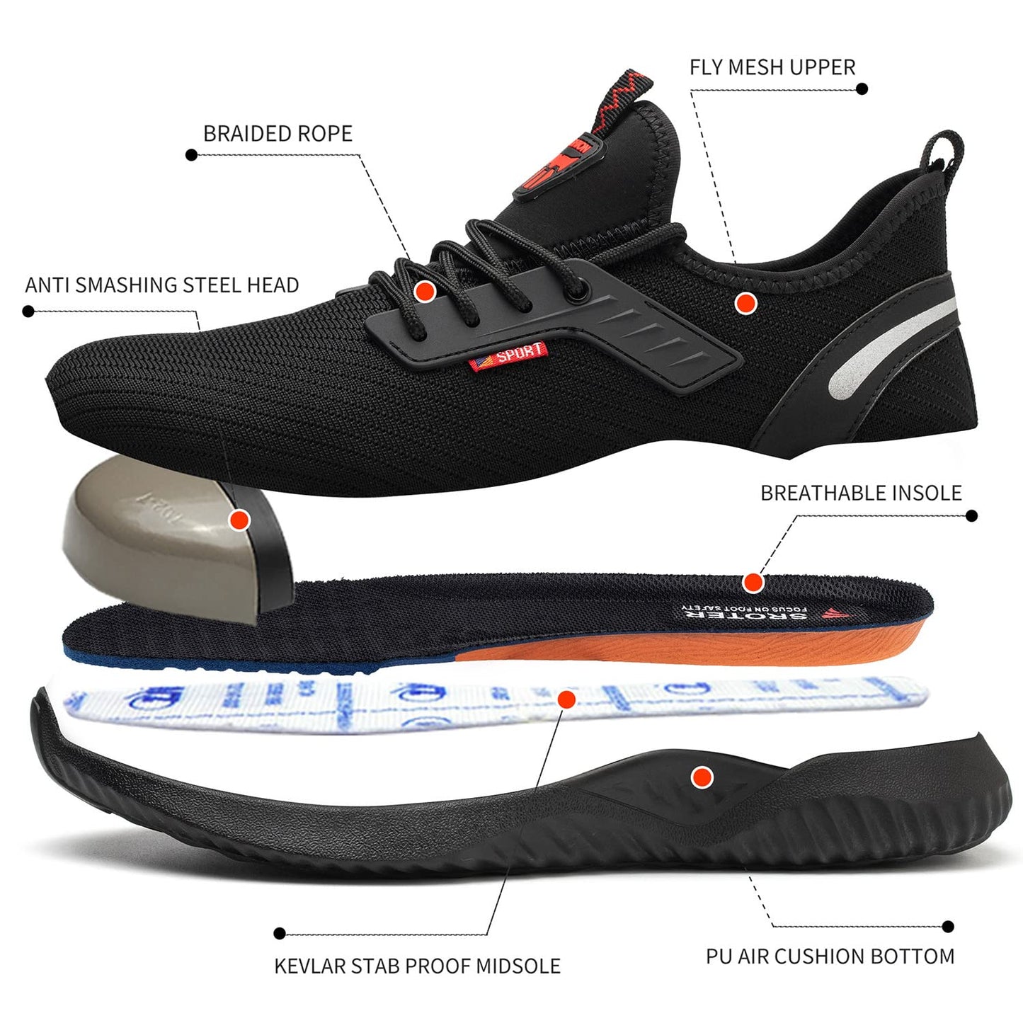 Safety Trainers Men Women Steel Toe Cap Trainers Lightweight Work Safety Shoes Breathable Non Slip Work Boots Black 10 UK