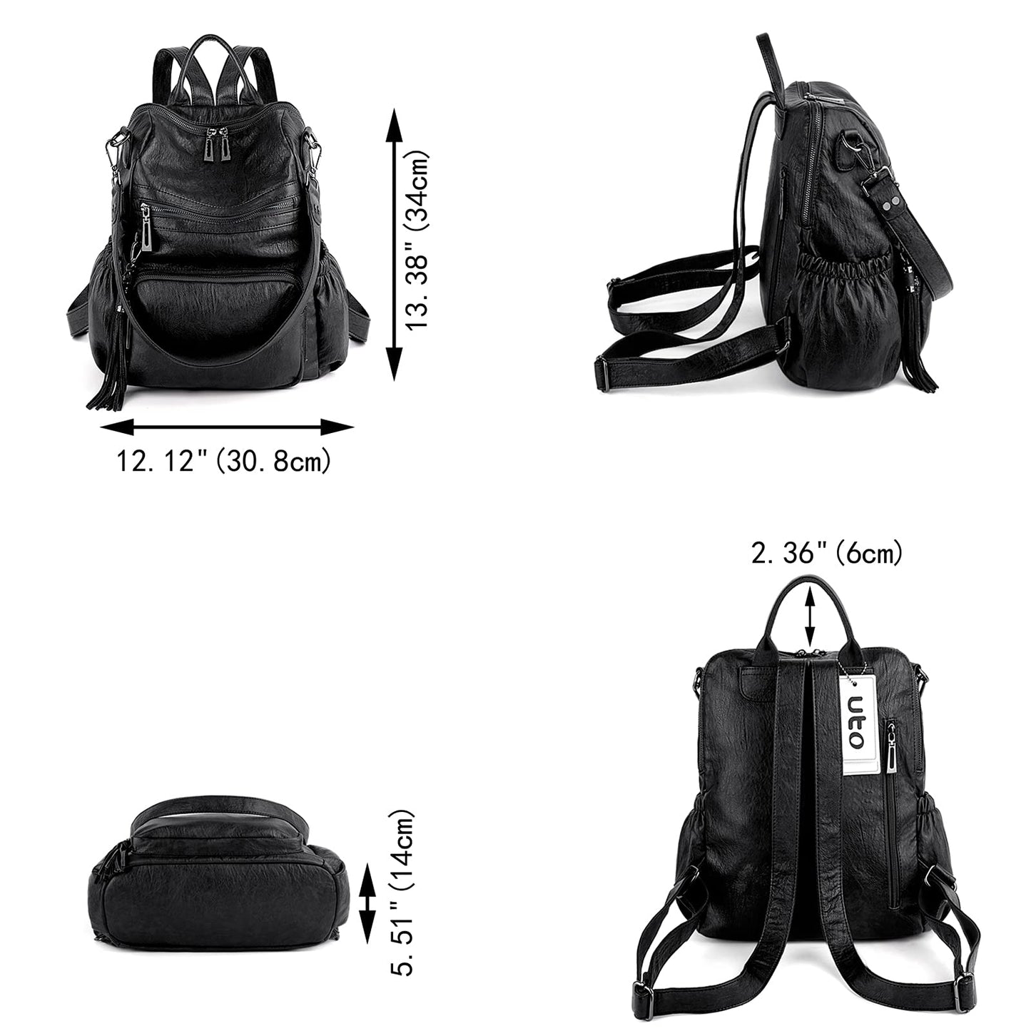UTO Laptop Backpack Womens Teenage Girls School Bag Ladies Travel Rucksack Multi Compartments Anti Theft Pocket PU Leather Black