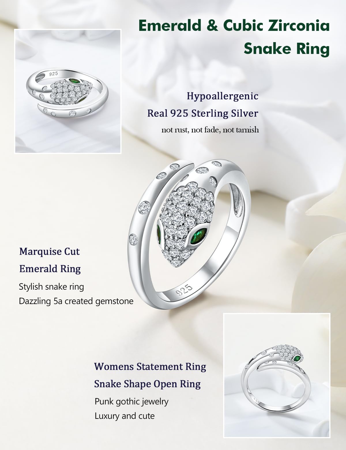 RANDES 925 Sterling Silver Snake Rings for Women Adjustable Gothic Rings Punk Jewelry 1 Carat Lab Diamond and Emerald Open Cocktail Ring Size 10