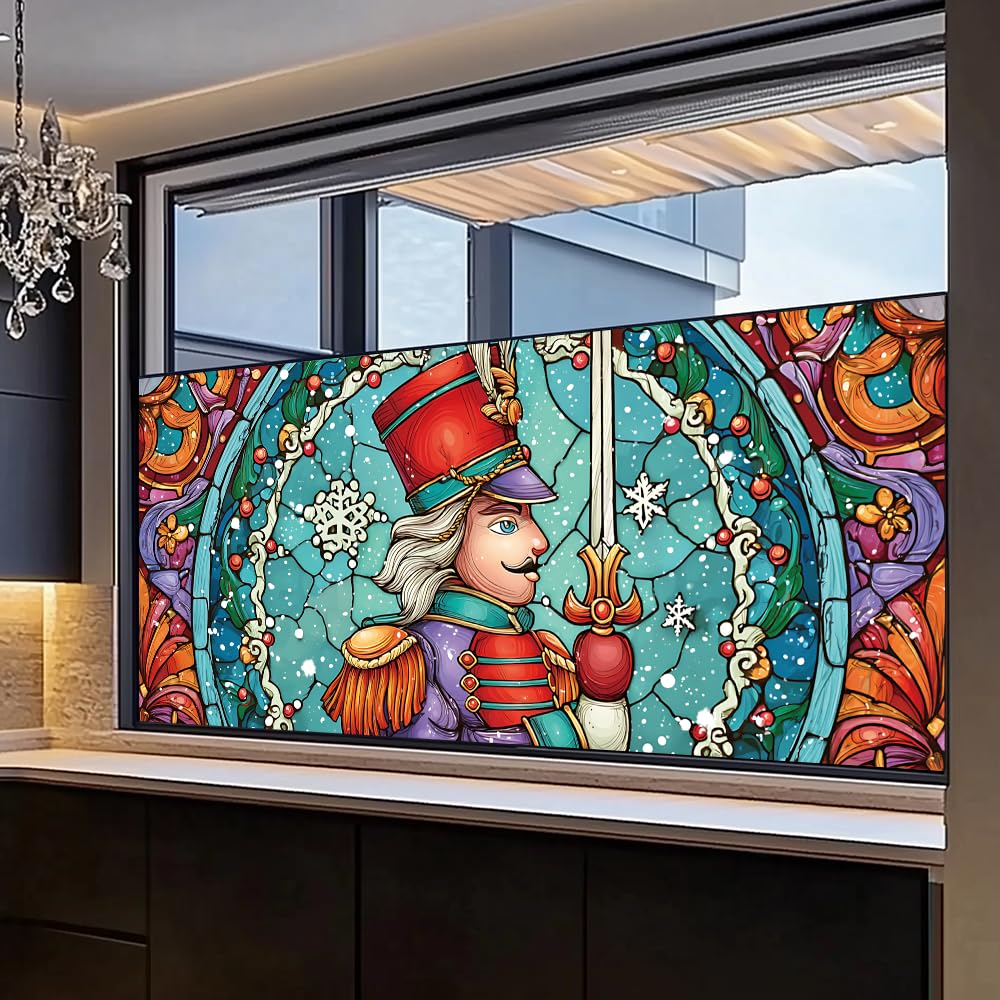 WDESYADMS Window Film 39.4×17.3 Inch PVC Stained Glass Style Winter Holiday Toy Soldier Design Decorative Window Film for Privacy Seasonal Home Window Covering