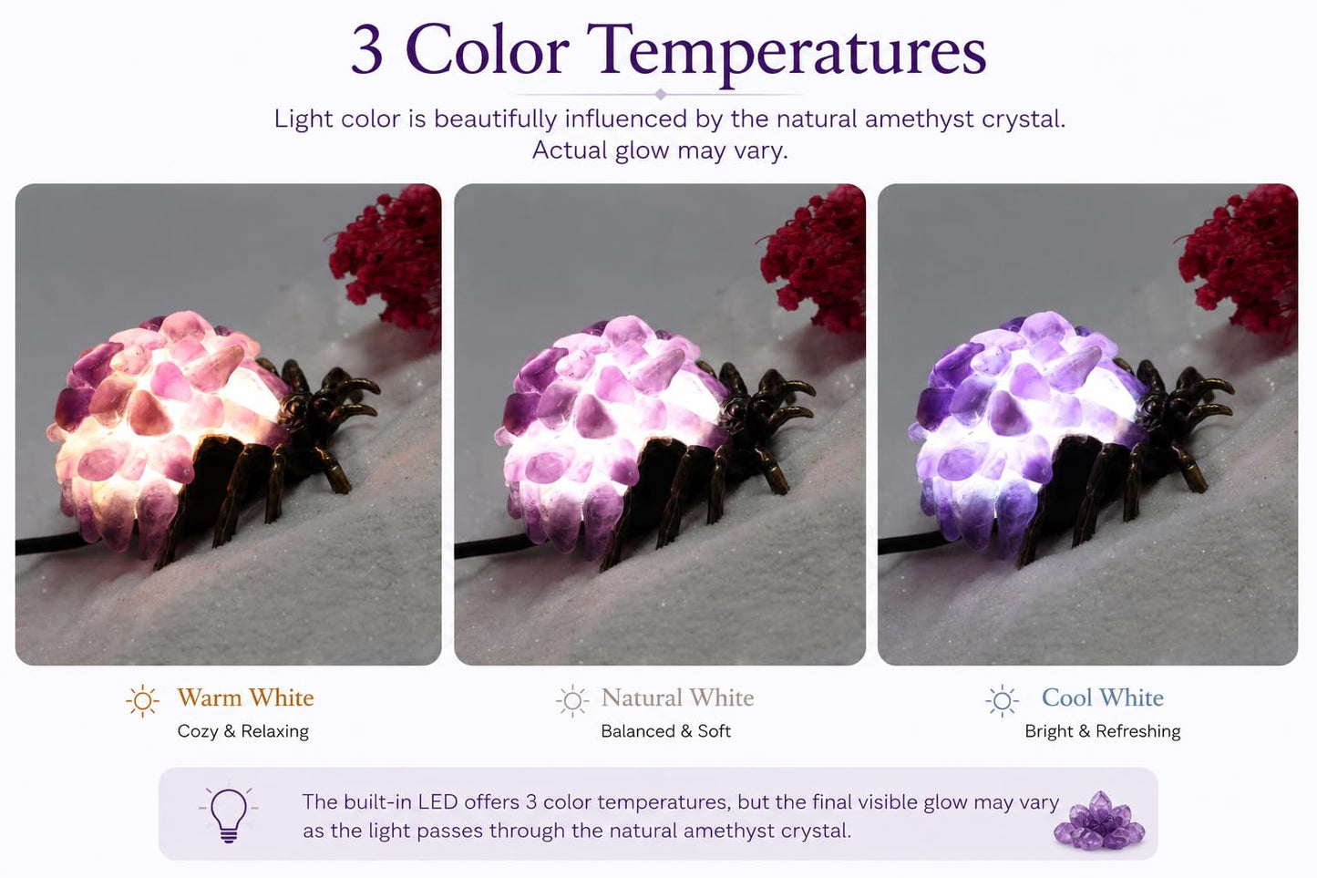 Amethyst Crystal Spider Lamp - Natural Cluster Stone Desk Decor, Dimmable Goth Amethyst Night Light with Bronzed Metal Base, Unique Healing Crystal Gifts for Women, Witchy Boho Home Office Decor