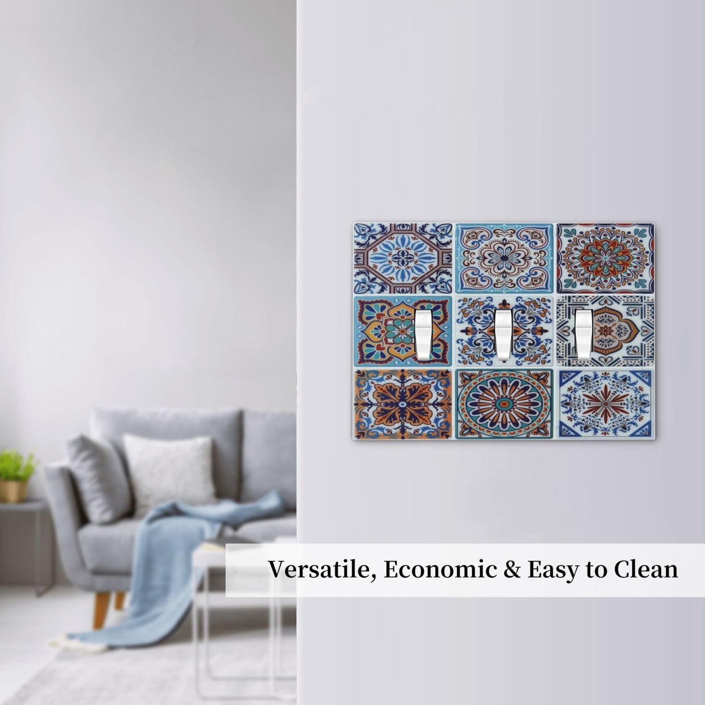 Spshian Decorative Switch Plate Covers Mexican Talavera Tile 3 Gang Light Switch Cover Blue Moroccan Style Pattern Triple Toggle Wall Plate Electrical Faceplate for Bathroom Home Kitchen Bedroom Decor