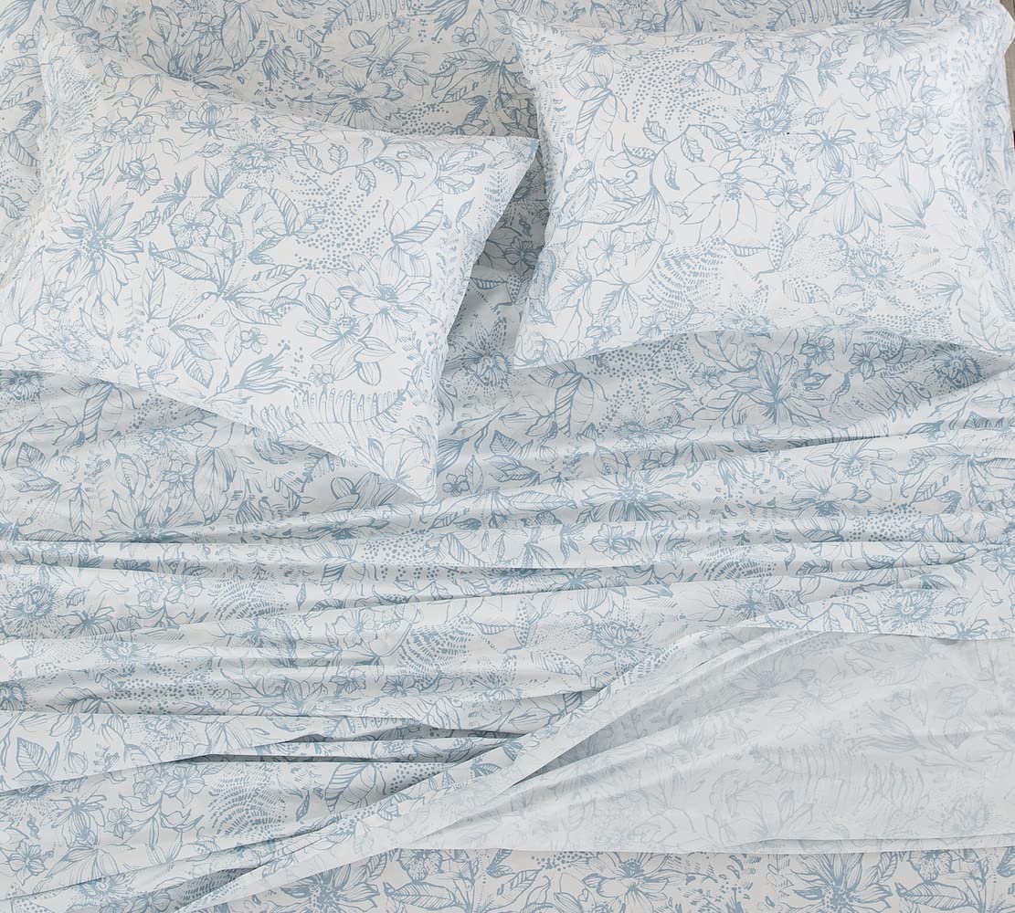 DAUAOTO Cotton Sheets Set Queen Size 4 Pieces Flower Bedding Sets, Aqua Blue Floral Pattern, Up to 14" Deep