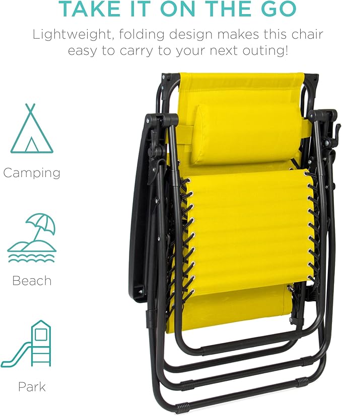 Best Choice Products Folding Zero Gravity Outdoor Recliner Patio Lounge Chair w/Adjustable Canopy Shade, Headrest, Side Accessory Tray, Textilene Mesh - Sunflower Yellow
