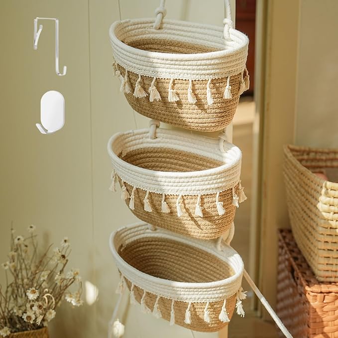Hanging Baskets for Organizing, 3-Tier Woven Cotton Wall-Mounted Storage
