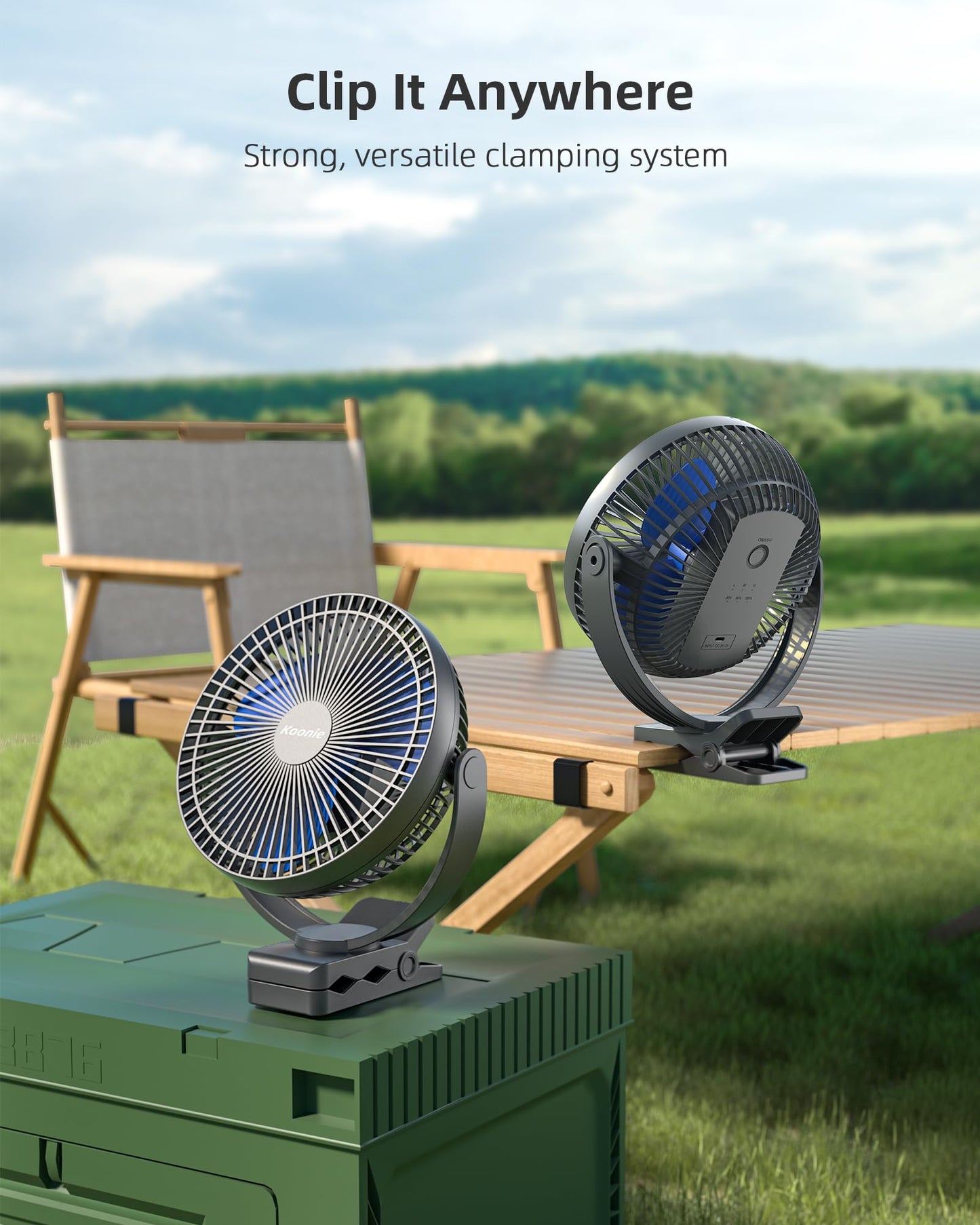 Koonie 10000mAh Rechargeable Portable 8-Inch Clip-on Fan, USB Car Fan 4 Speeds, Sturdy Clamp for Office Desk, Golf Cart, Stroller, Outdoor, Travel, Camping, Tent, Gym, Treadmill