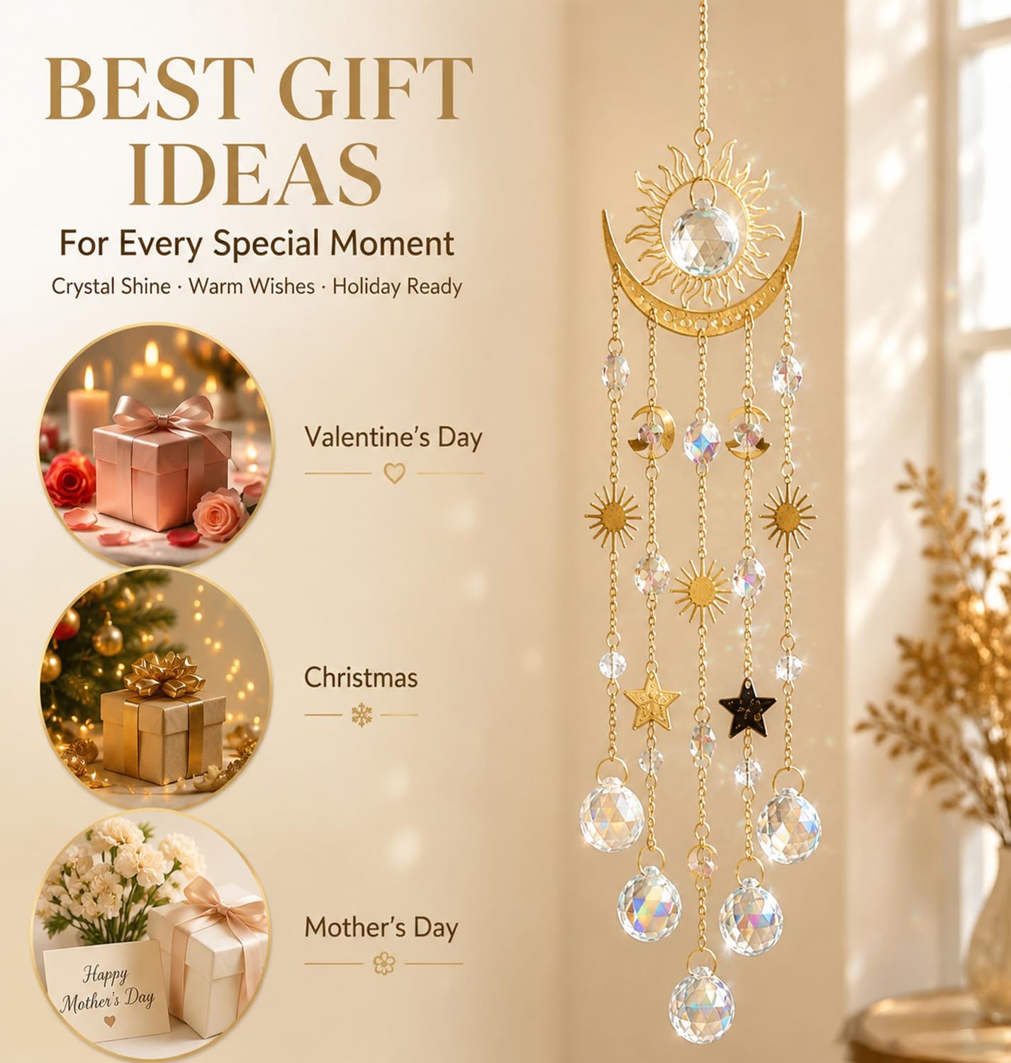 Sun and Moon Crystal Suncatcher for Window Hanging, Prism Sun Catcher with Chain and Hook, Rainbow Maker for Ceiling Porch Indoor Window Home Garden Christmas Day Party Wedding Decoration