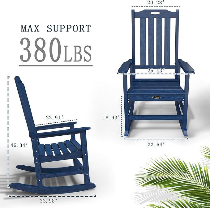 Oversized Rocking Chair, Outdoor Rocking Chair for Adults, All Weather Resistant Porch Rocker for Lawn Garden, Navy Blue