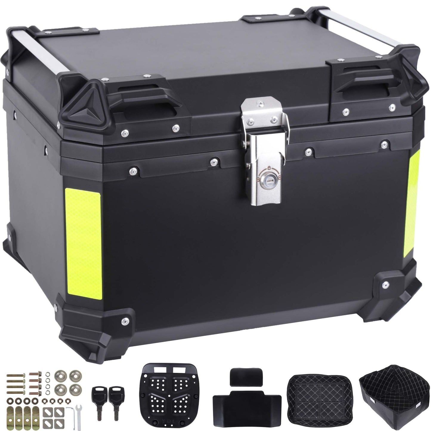 Kosoley Motorcycle Top Case 57L Trunk Tail Box Bag Aluminum alloy handle with Leather Lining Anti-Theft with Lock & Back Cushion Waterproof Dustproof Easy Installation with Universal Bracket Black