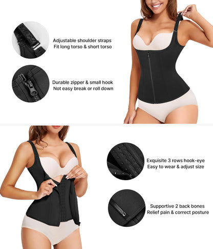Nebility Women Waist Trainer Corset Zipper Vest Body Shaper Cincher Tank Top with Adjustable Straps (XL, Black)