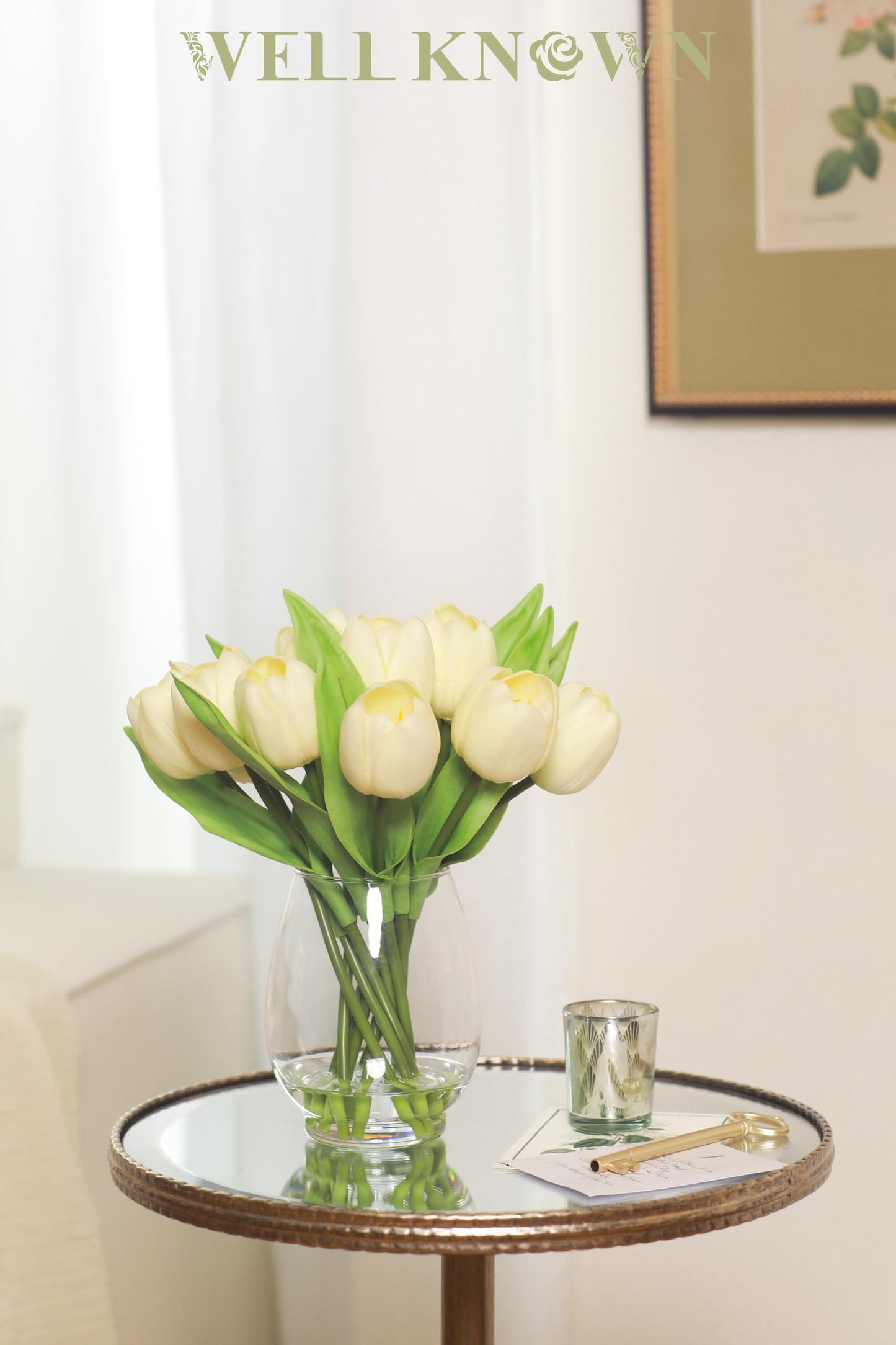 WELL KNOWN 12 Pcs Tulips Artificial Flowers in Vase, Real Touch Tulips with Vase with Upgrate Acrylic Water Flower Arrangements Centerpiece for Dining Room Table Decoration（Cream）