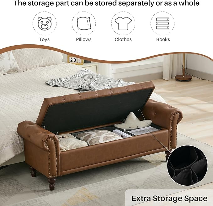 SOFTHION 58.1" Storage Bench Upholstered PU Leather End of Bedroom Bed Bench