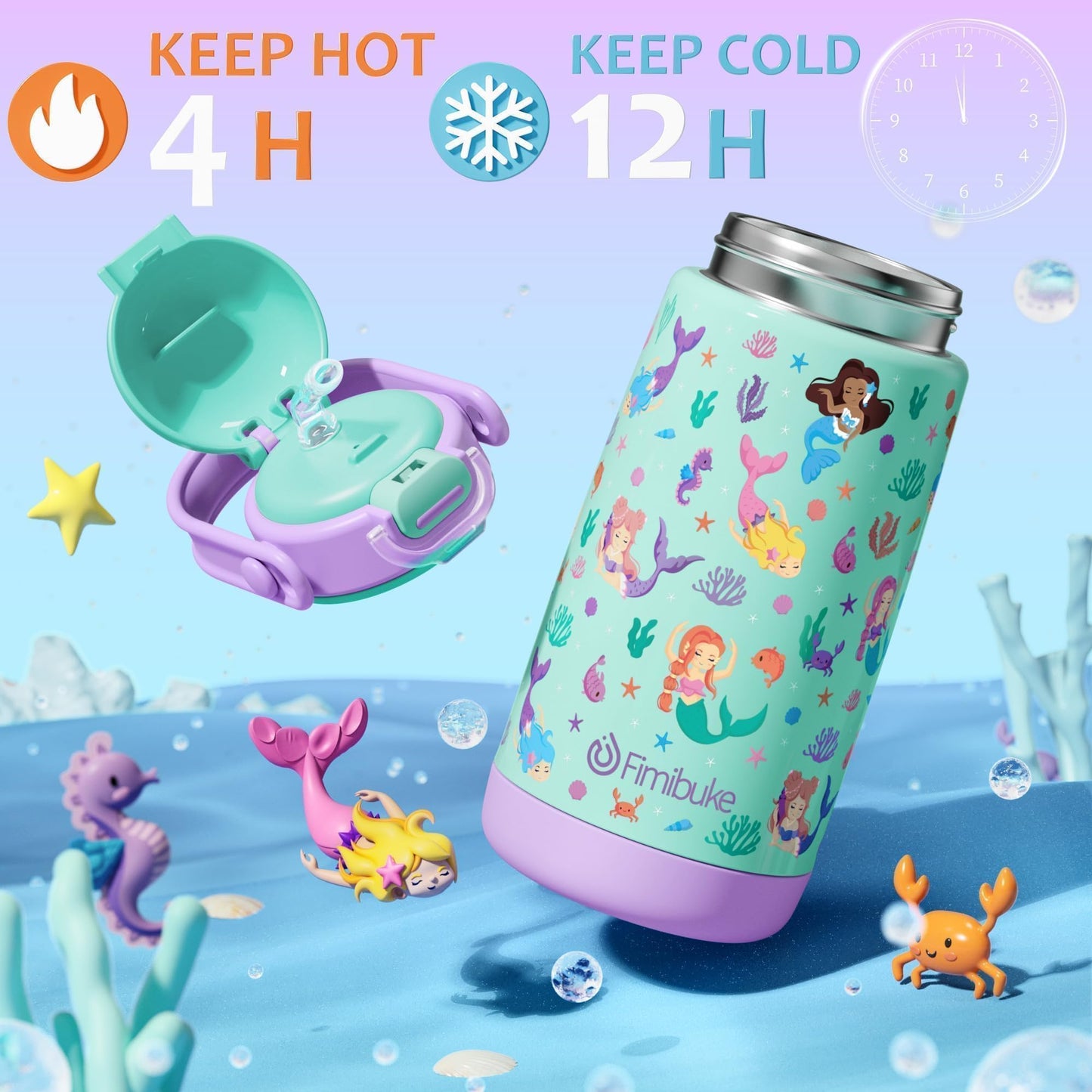 Fimibuke Kids Insulated Water Bottle with Straw Lid & Handle - 14oz BPA FREE 18/8 Stainless Steel Metal Tumbler Leak Proof Double Wall Vacuum Kids Cup Toddler Water Bottle for School Boys Girls