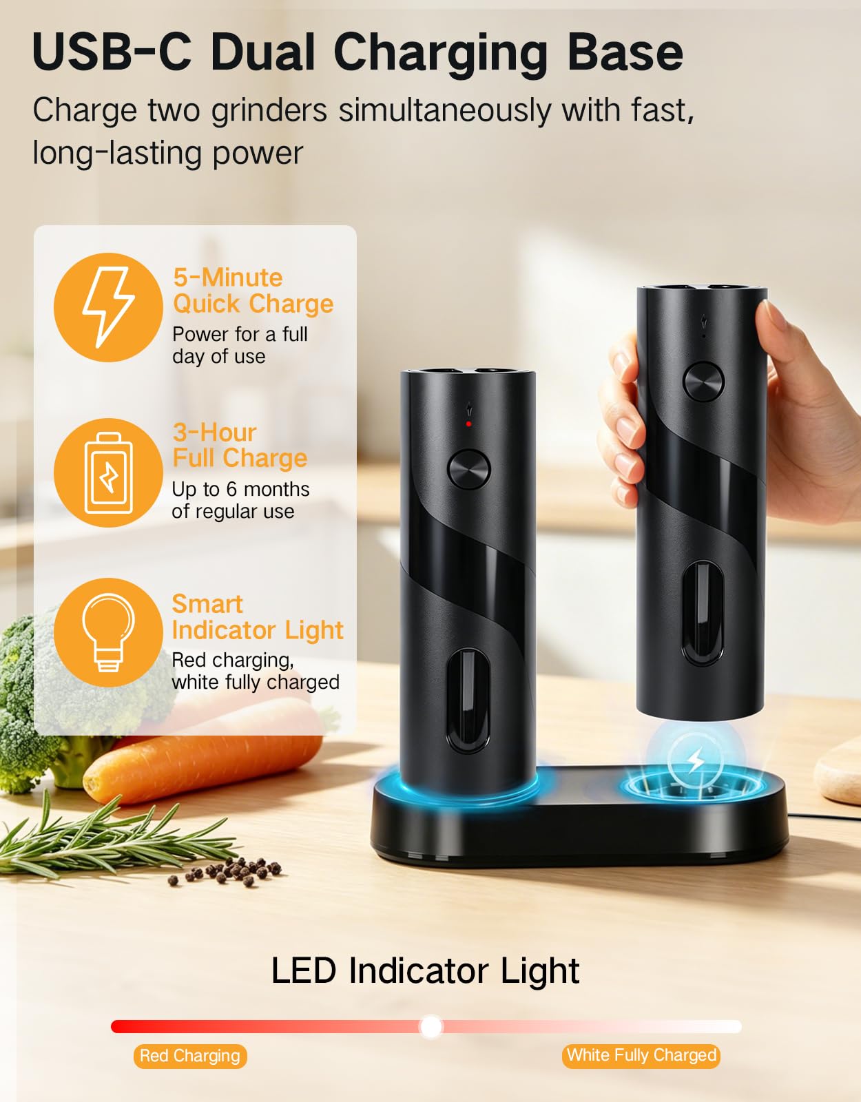 OUTONLIFE Electric Rechargeable Salt and Pepper Grinder Set, 110ml Large Capacity, USB-C with Charging Base, LED Light, Automatic Pepper Mills with Adjustable Coarseness, Ideal Gift for Kitchen, Home