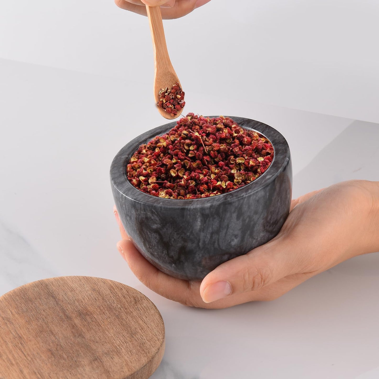 Q.XING Natural Marble Salt Cellar, 10oz Salt Dish with Lid & Spoon, Unique Seasoning Box, Stone Salt Holder, Salt Containers for Countertop, Kitchen Decor