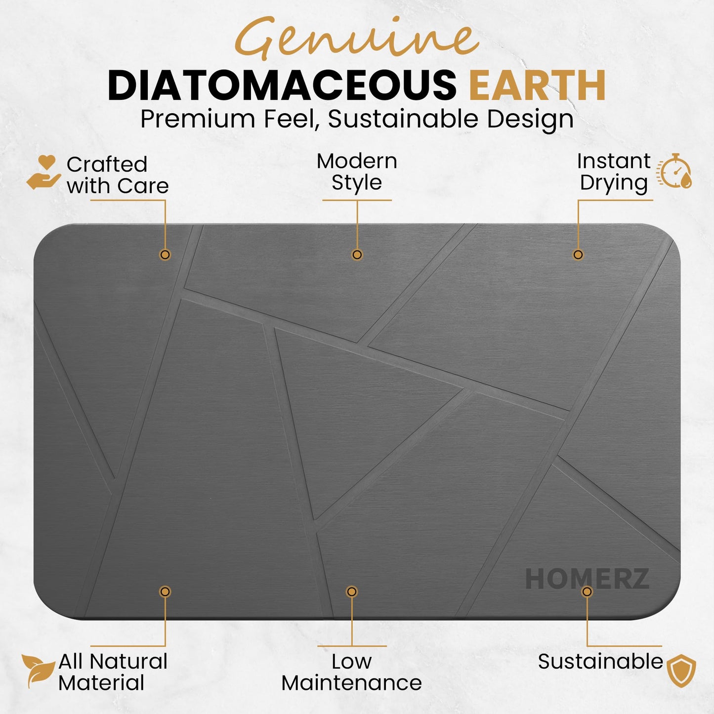 Homerz Stone Bath Mat – Premium Diatomaceous Earth Bath Mat, Rock Absorbent Bath Mats for Bathroom, Modern Stone Drying Mat, Shower Mat Outside Shower, Tapetes para Baño 23.6"x15.3" Gray