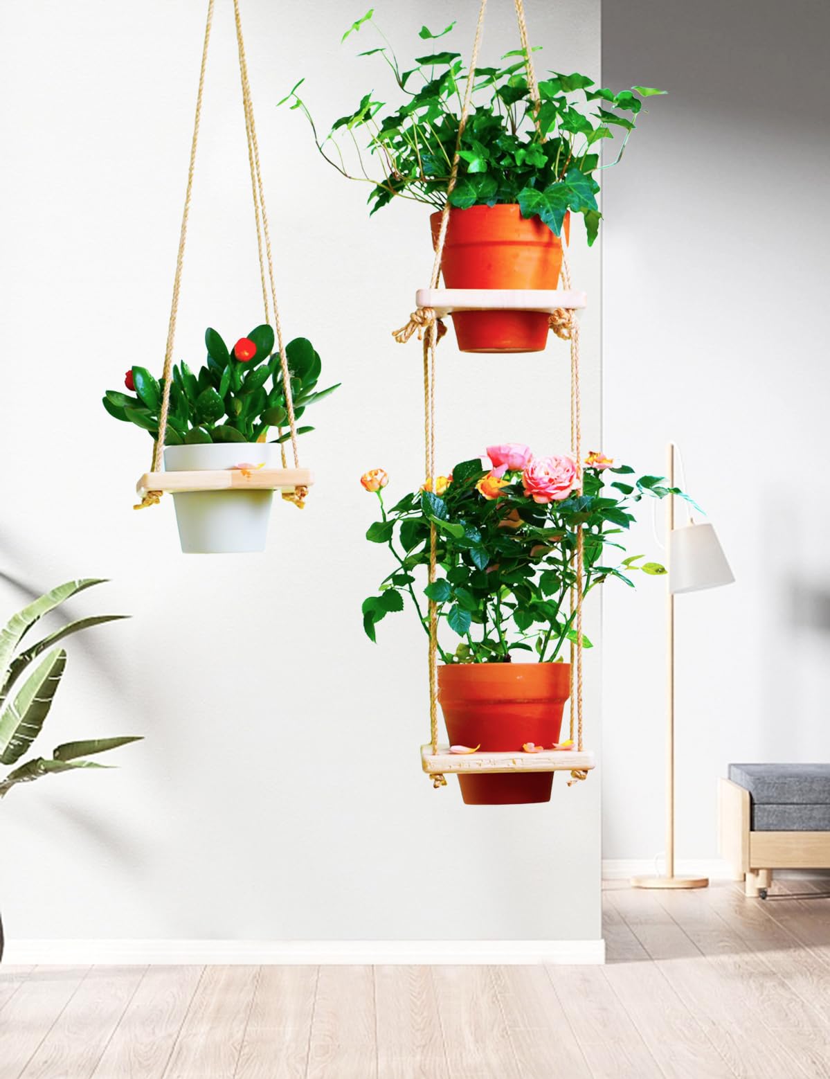 2 Pack Adjustable Hanging Plant Hanger, Hanging Planter Shelves for Indoor Plants, Hanging Flower Pots Holder, Wood Wall Hanging Planter Hanger for Window Ceiling Porch Deck Patio(Pots not Includ)