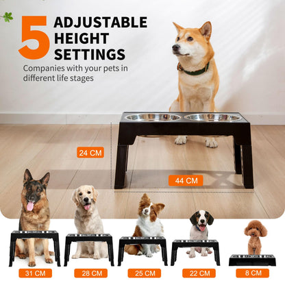 FOREYY Adjustable Elevated Dog Bowls with 2 Stainless Steel Bowls, Raised Dog Bowl 5 Heights (8, 22, 25,28, 31 cm), Non-Slip Dog Food water Bowl Stand for Small Medium Large Dogs(Grey)