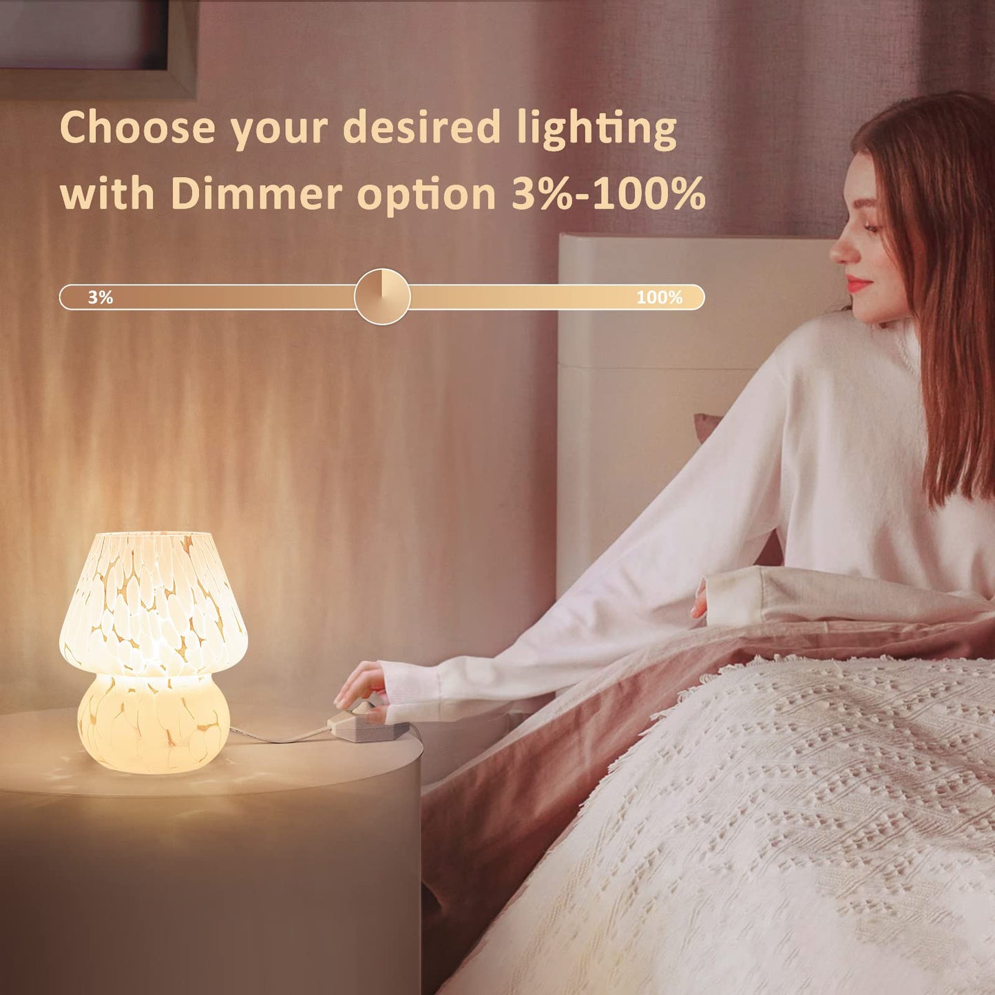ONEWISH Cute Mushroom Lamp Small Bedside Table Lamp Set of 2 Stepless Dimmable, Translucent Glass White Nightstand Lamp for Bedroom Dorm Kids Room Living Kitchen, Murano Aesthetic Home Decor