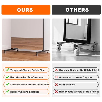 brisafe 70" x 22" Full Length Rolling Floor Mirror on Lockable Wheels, Rectangular Shatter-Resistant Safety Glass, for Home Dance Studio & Yoga, Black Metal Frame and Stand