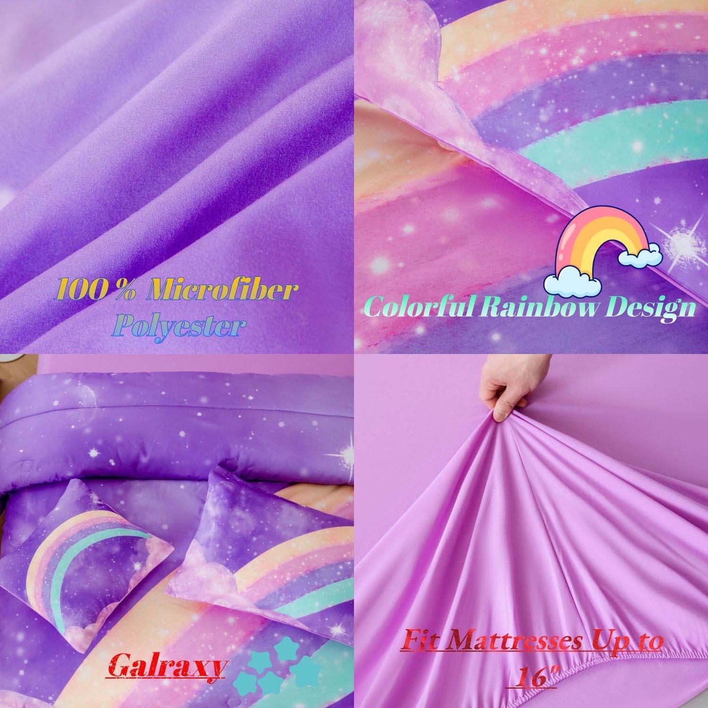 ANGIYUIN Deep Purple Rainbow Kids Comforter Set Twin 6 Pieces Gradient Glitter Bedding for Girls 3D Galaxy Nebula Bed Set with Sheets for All Season