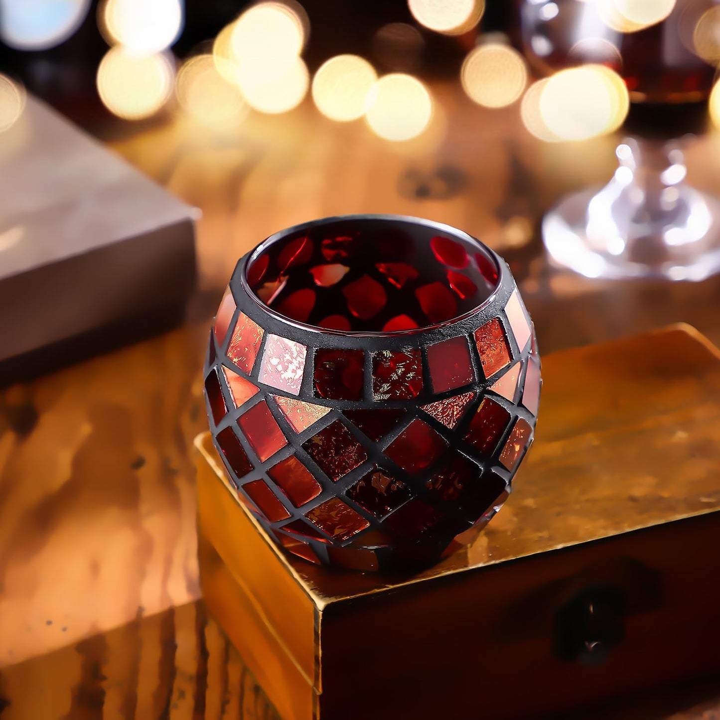 Ipetboom Glass Votive Candle Holder - Christmas Candle Holders Red Mosaic Tealight Candlestick Xmas Dining Table Centerpieces for Home Wedding Decorations Romantic Decor Party Ornament - 3.34x2.75in