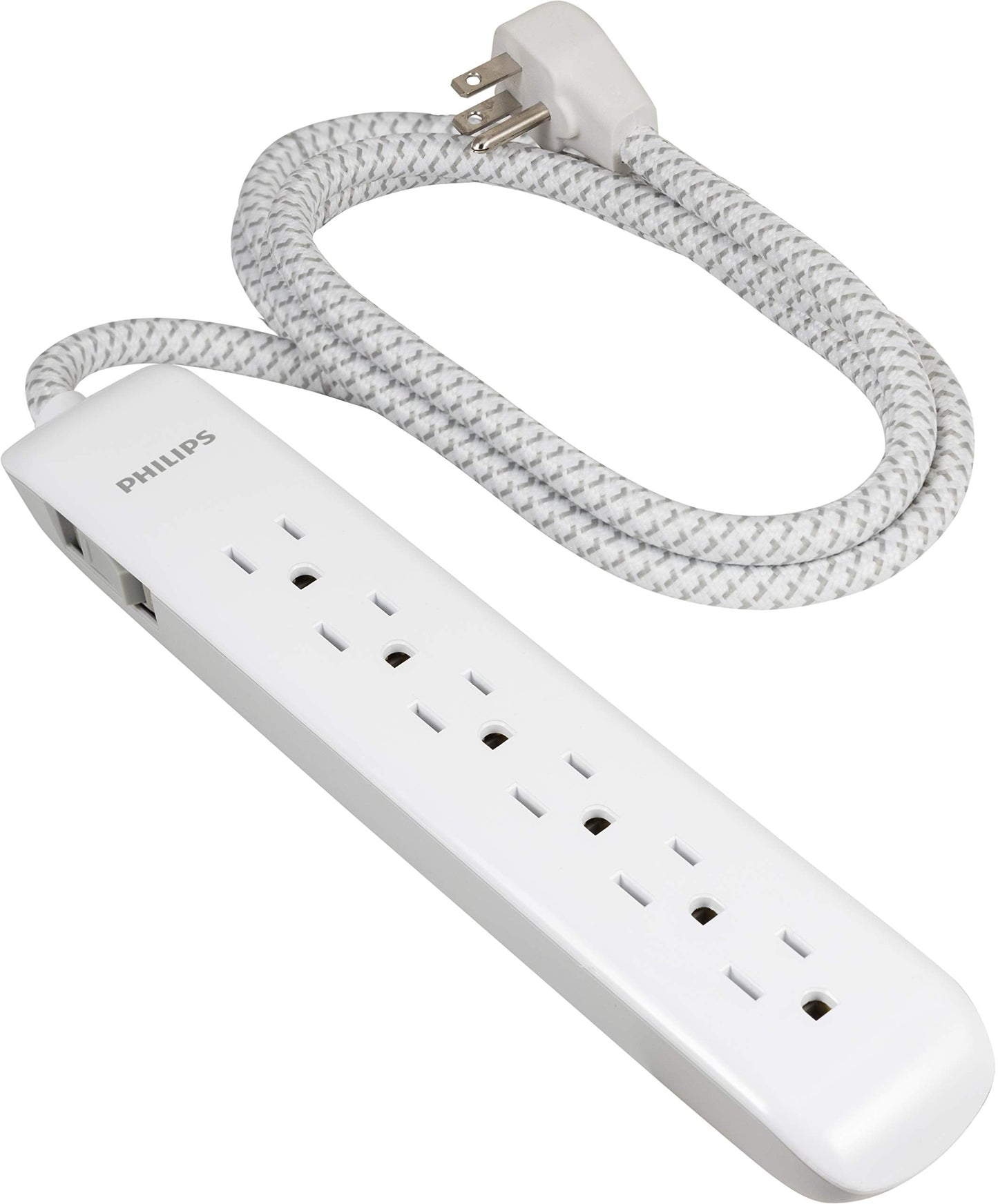 Philips 6 Outlet Power Strip Surge Protector, 6 Ft Power Cord, Designer Braided Extension Cord, Flat Plug, Perfect for Office or Home Décor, 1080 Joules, White, SPC3054WA/37