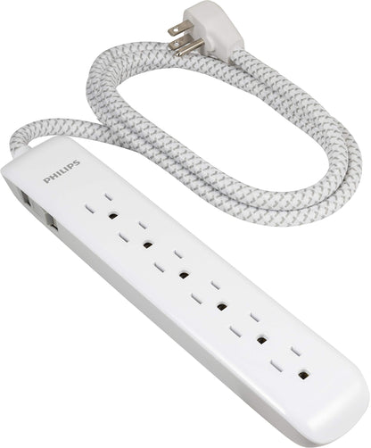 Philips 6 Outlet Power Strip Surge Protector, 6 Ft Power Cord, Designer Braided Extension Cord, Flat Plug, Perfect for Office or Home Décor, 1080 Joules, White, SPC3054WA/37