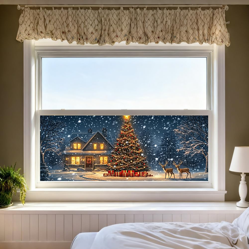 WDESYADMS Window Film 39X17 Inch PVC Winter Christmas Tree House Scene Decorative Window Film for Seasonal Privacy and Holiday Glass Decoration