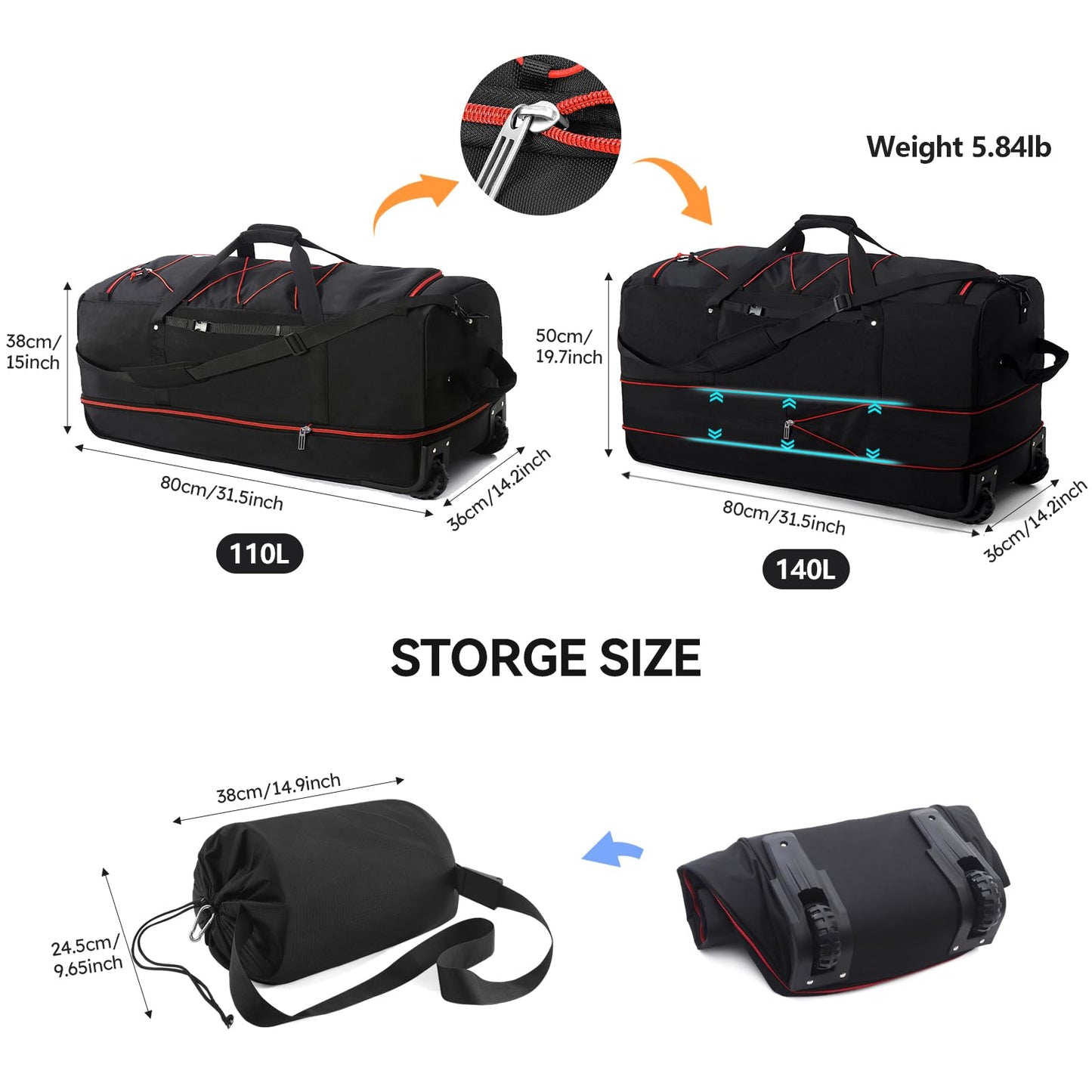 Bagenerous 110L/140L Expandable Soft-Sided Foldable Duffle Bag with 2 Rubber Wheels,Packable 32” Rolling Carry-On with Multi-Pockets & Compartments,Black Red