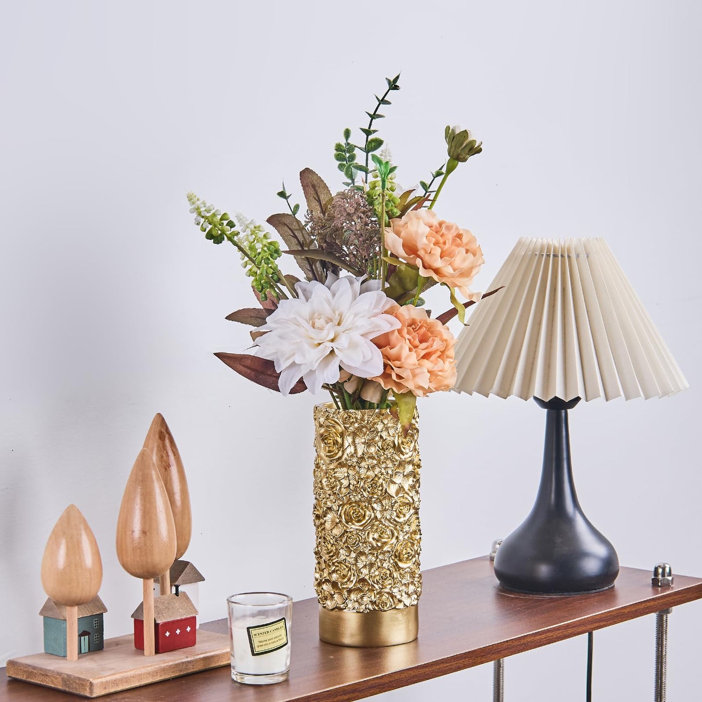 Gold Rose Hand-Carved Resin Vase – 8 Inch Decorative Cylinder Vase for Pampas Grass, Centerpiece, Home Decor | Elegant Entryway, Countertop & Nightstand Accent | Unique Housewarming Gift